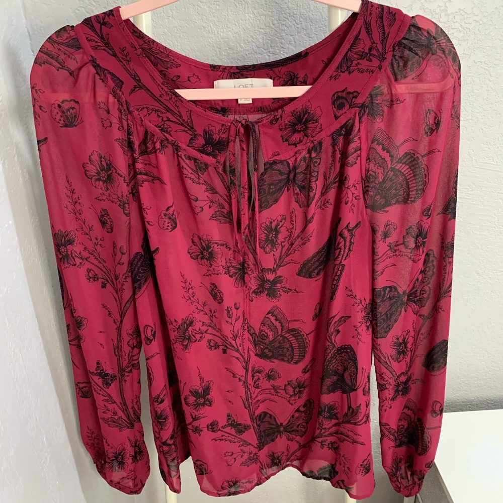 Ann Taylor LOFT Women’s Floral and Butterfly Print Long-Sleeve Sheer Blouse